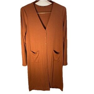 Brown Cardigan Duster W Sz L Sweater Soft Long Henley Lightweight Boho Academia